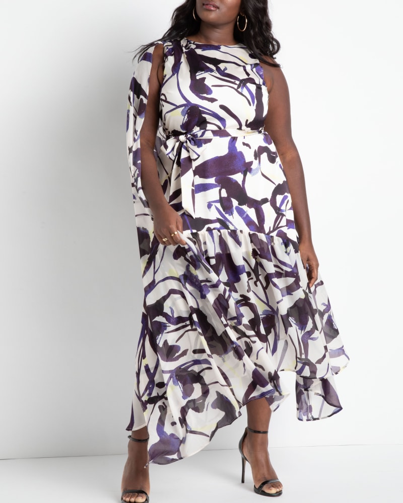 Front of a model wearing a size 26 Cape Sleeve Printed Dress in Ink Blotch by ELOQUII. | dia_product_style_image_id:272701